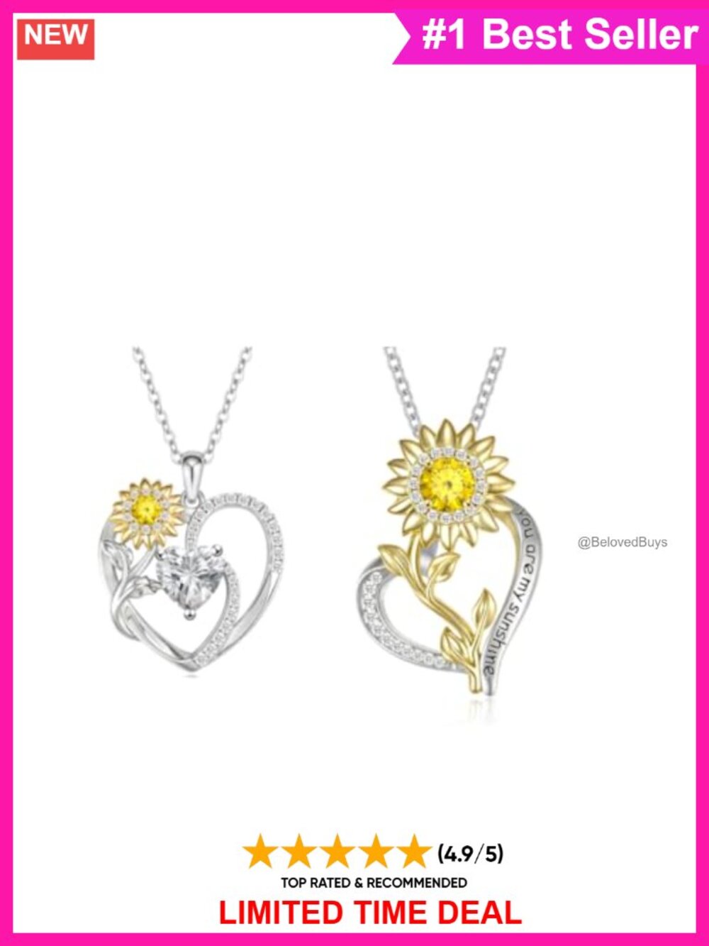 925 Sterling Silver 14K Gold Plated Sunflower Necklace Set CZ Heart Pendant